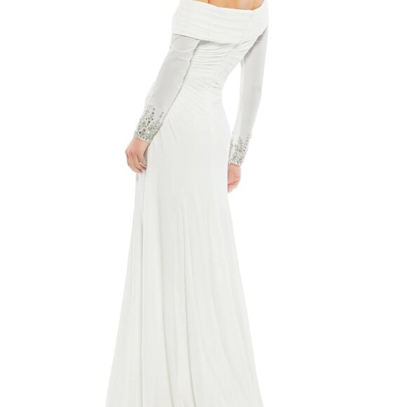 NWT MAC DUGGAL One Shoulder Long Sleeve Jersey Gown Jewel Accent White 12231 - Picture 2 of 8